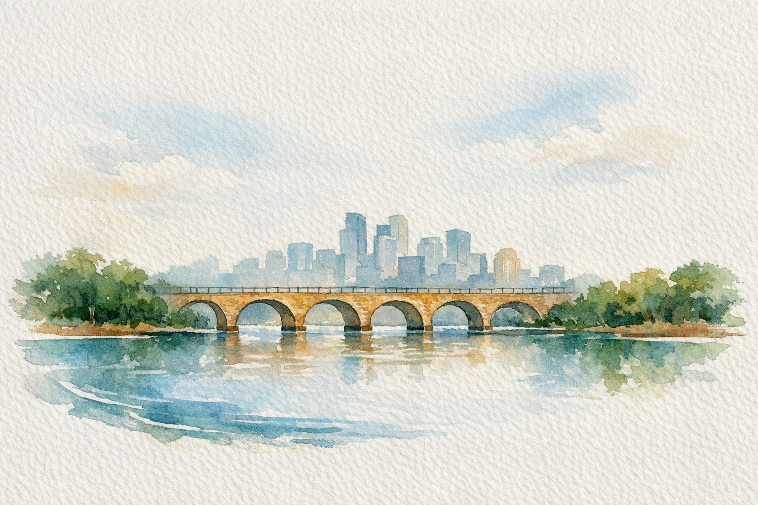 Watercolor skyline vignette of Minneapolis-St. Paul