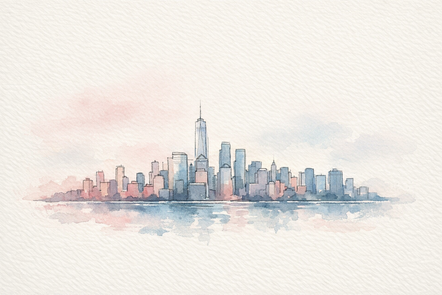 Watercolor skyline vignette of New York City