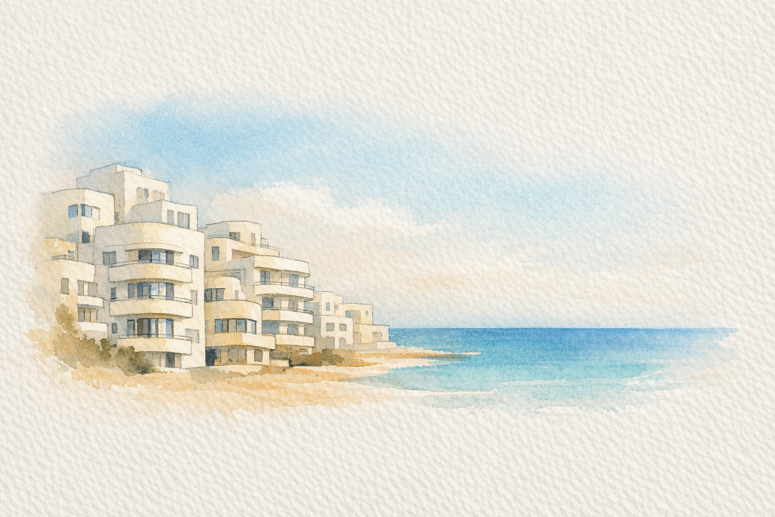 Watercolor Bauhaus city vignette of Tel Aviv