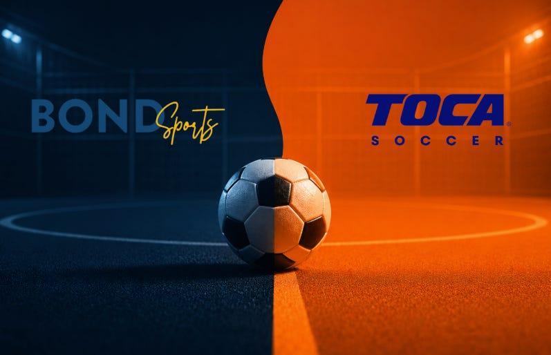 Bond Sports and TOCA Soccer logos split across a soccer field with a ball at midfield.