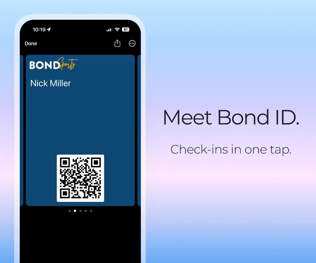 Bond ID digital pass on a phone with QR code and Meet Bond ID headline.
